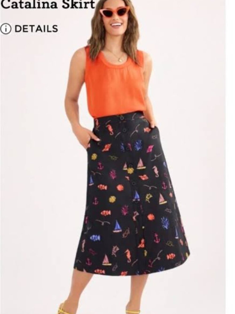 CAbi Catalina Black Midi Skirt with Nautical Pink, Blue & Yellow Motifs Size S